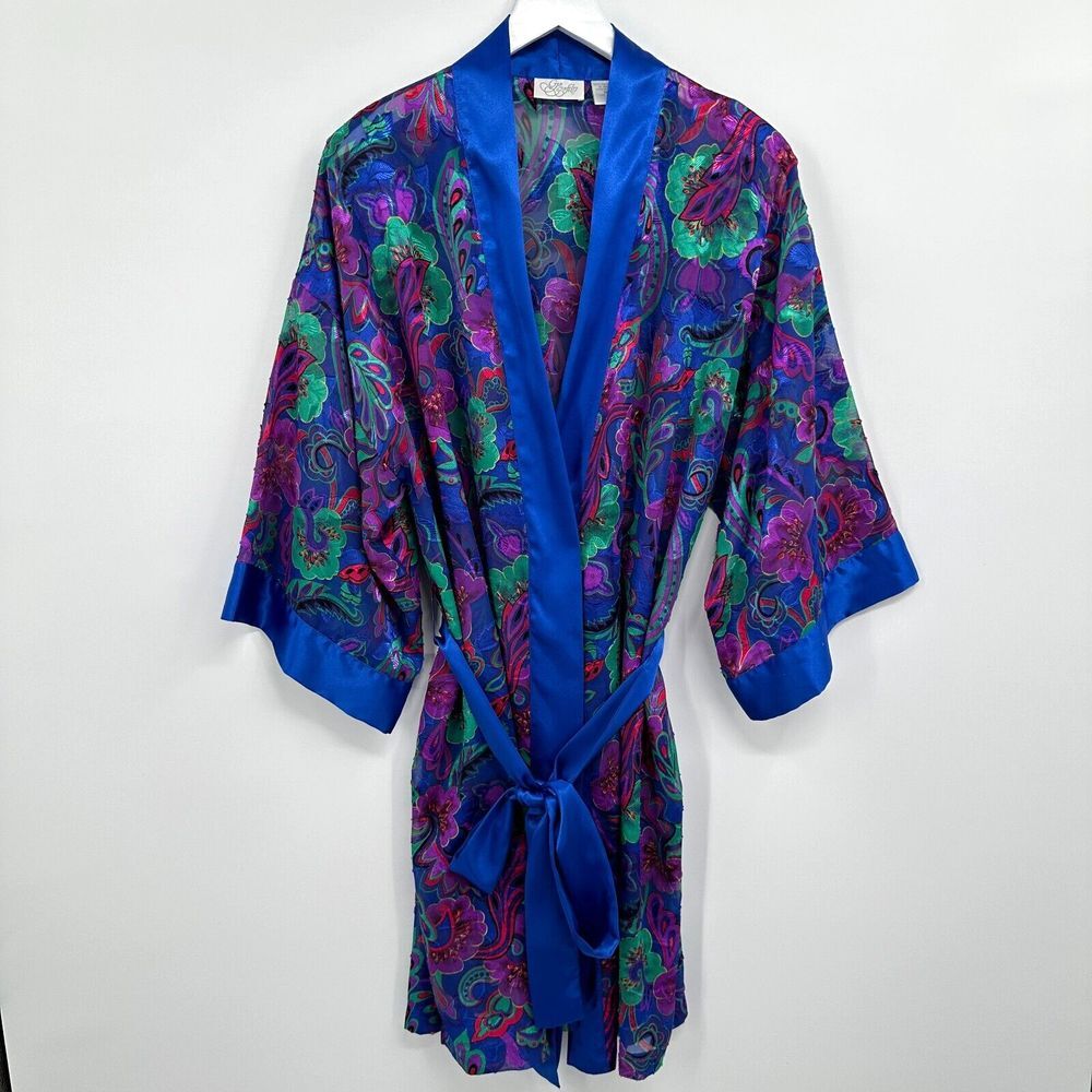 Vintage Go Softly Housecoat Robe Size Medium 3/4 Kimono Sleeve Floral‎ Burnout